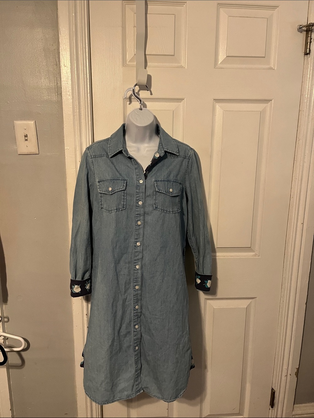 Draper James Light Wash Denim Shirt Dress with Floral Details